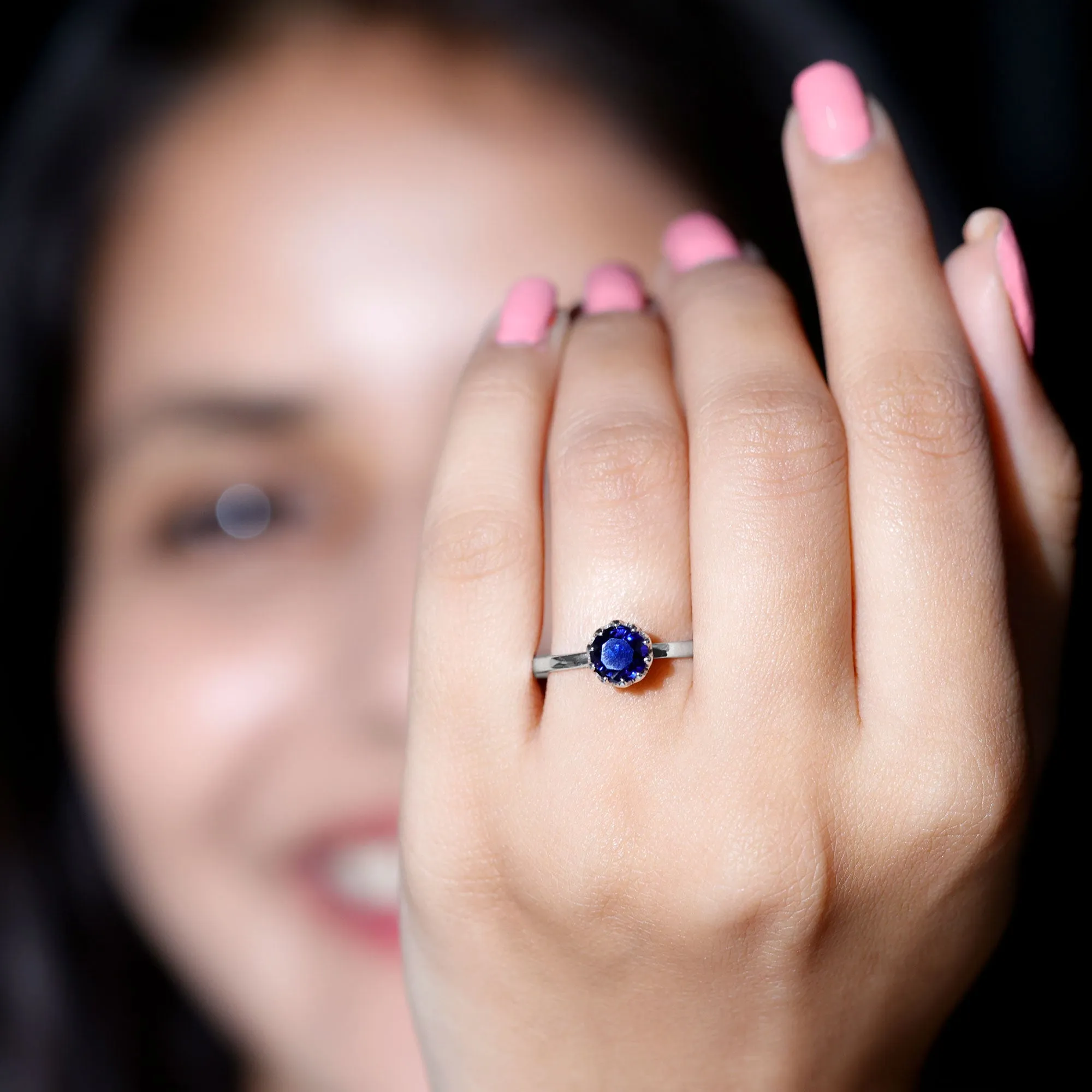 1 CT Lotus Basket Set Created Blue Sapphire Solitaire Ring