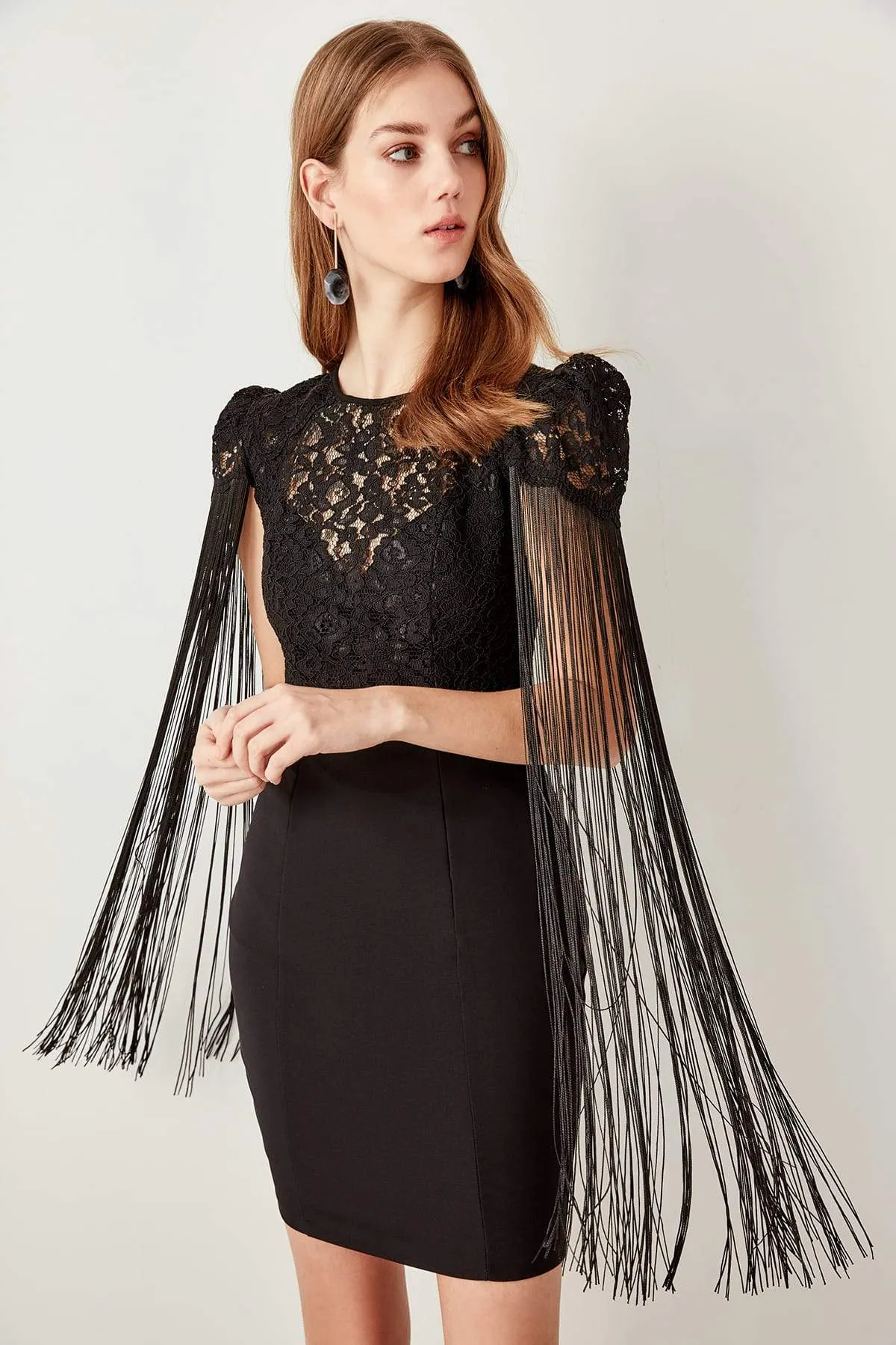 10852 Black Tassel Sleeve Lace Dress