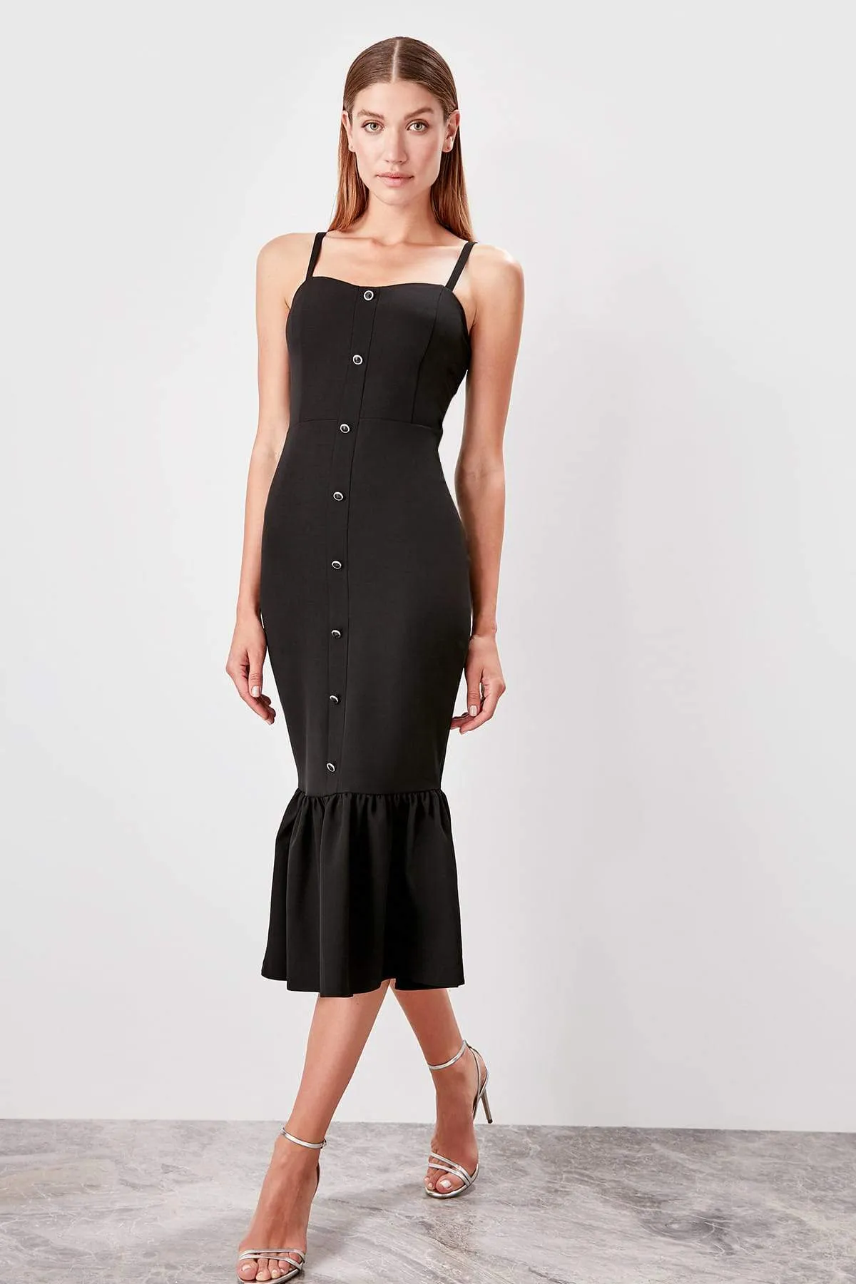 10855 Black Button Detail Midi Strap Dress