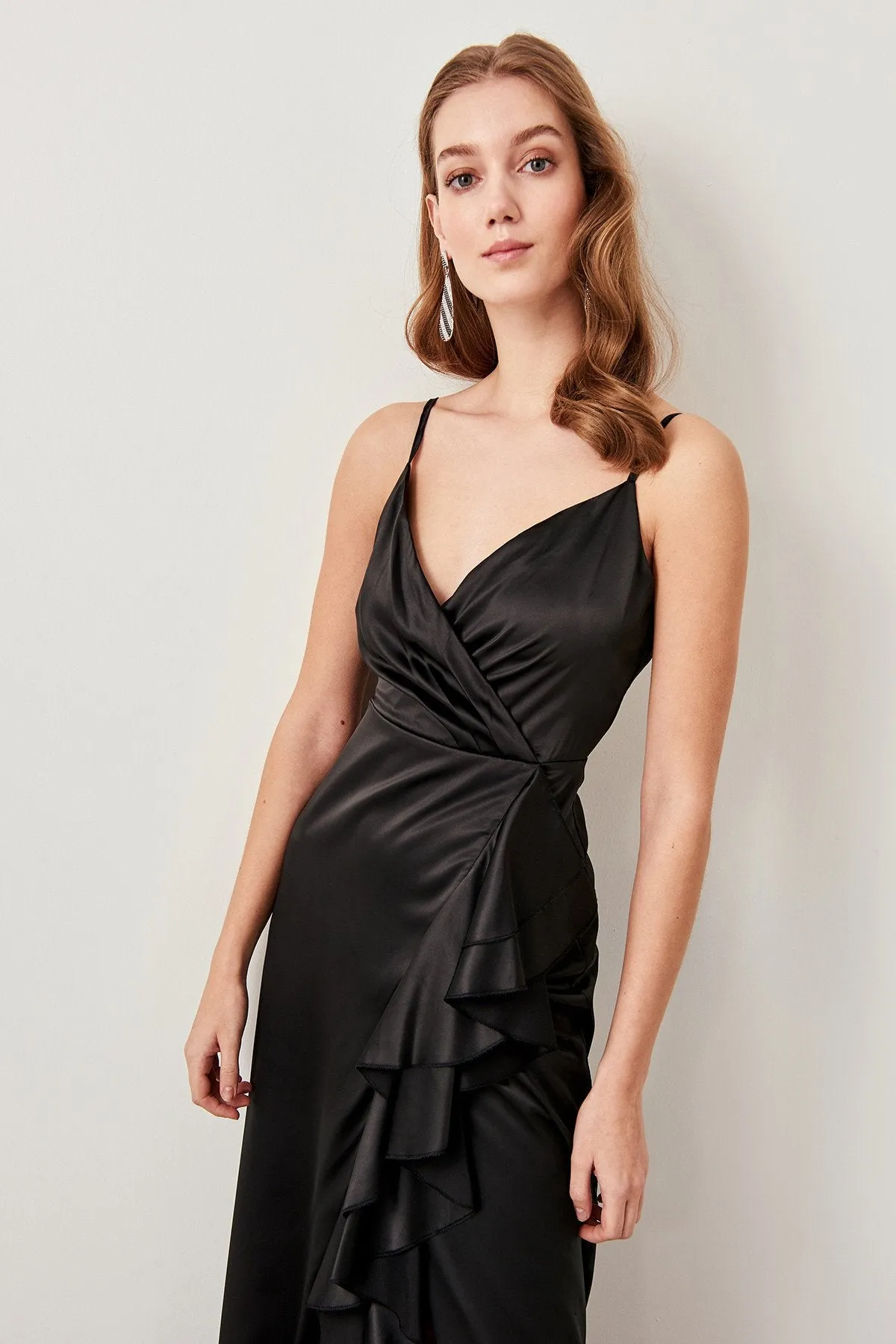 10864 Black Crepe-Satin Ruffle Slit Dress