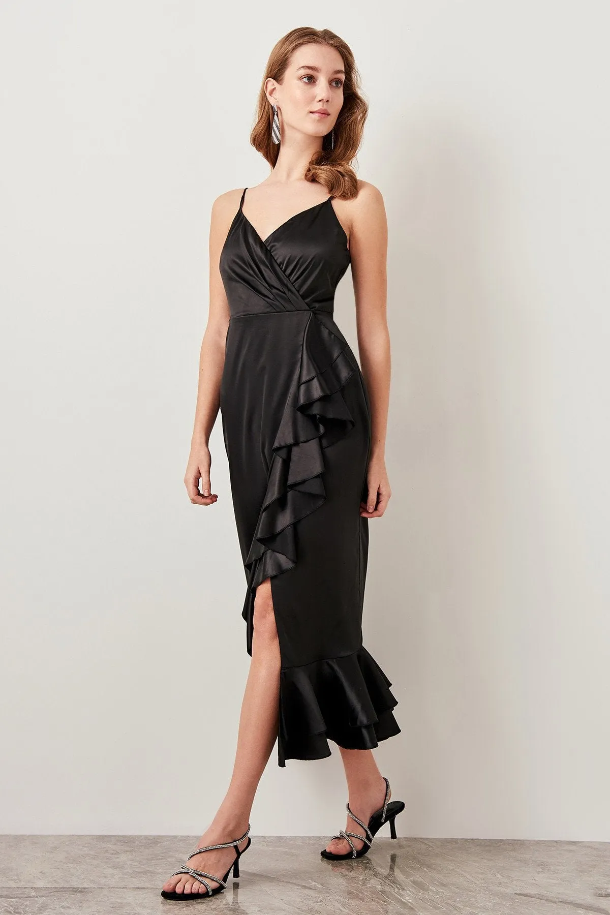 10864 Black Crepe-Satin Ruffle Slit Dress