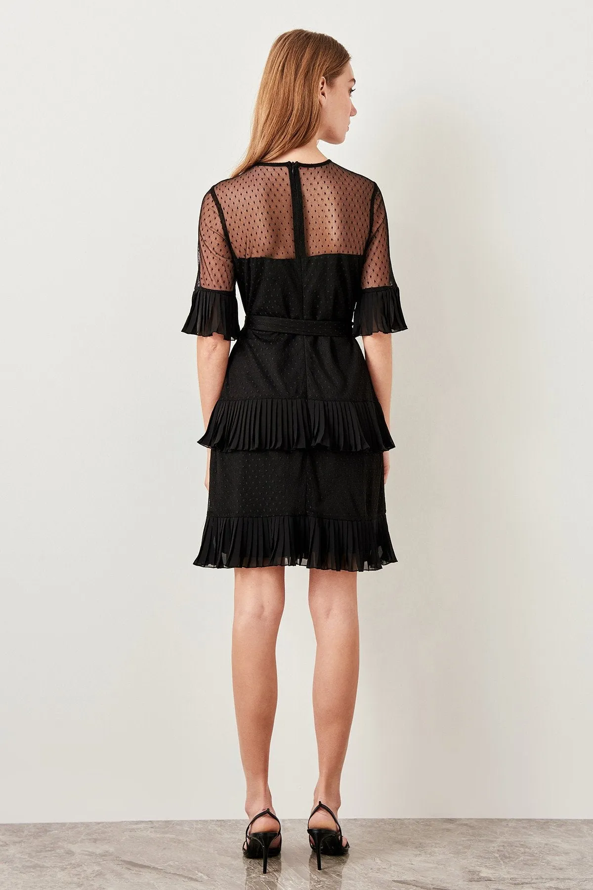 10871 Black Pleated Chiffon Tulle Dress