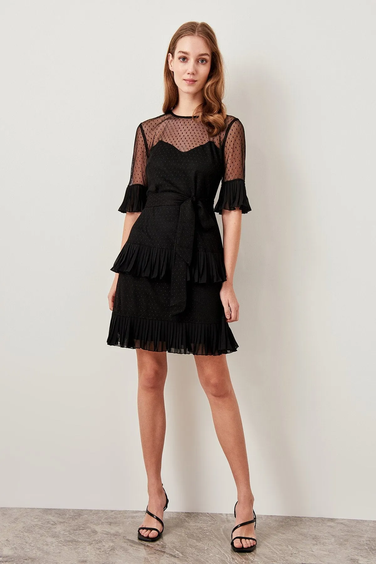 10871 Black Pleated Chiffon Tulle Dress