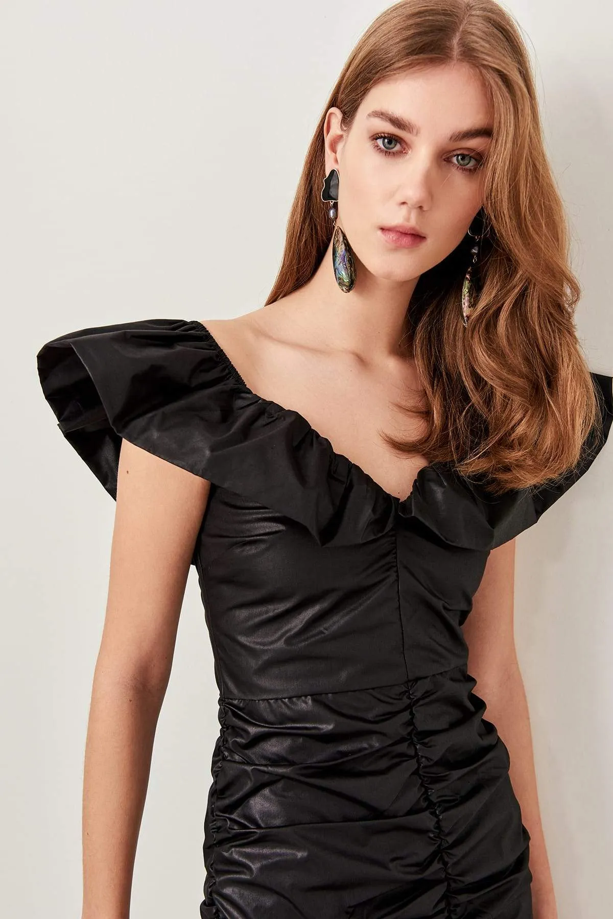 10887 Black Frill Collar Draped Dress