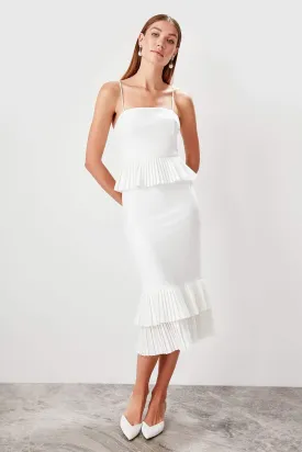 10920 Ecru Pleated Frill Midi Dress