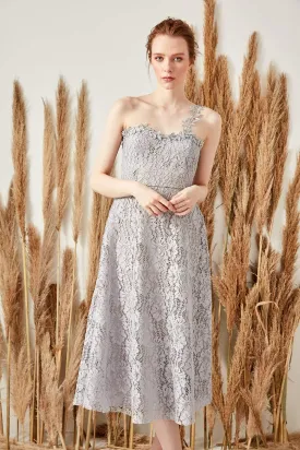 10930 Grey One Strap Midi Lace Dress