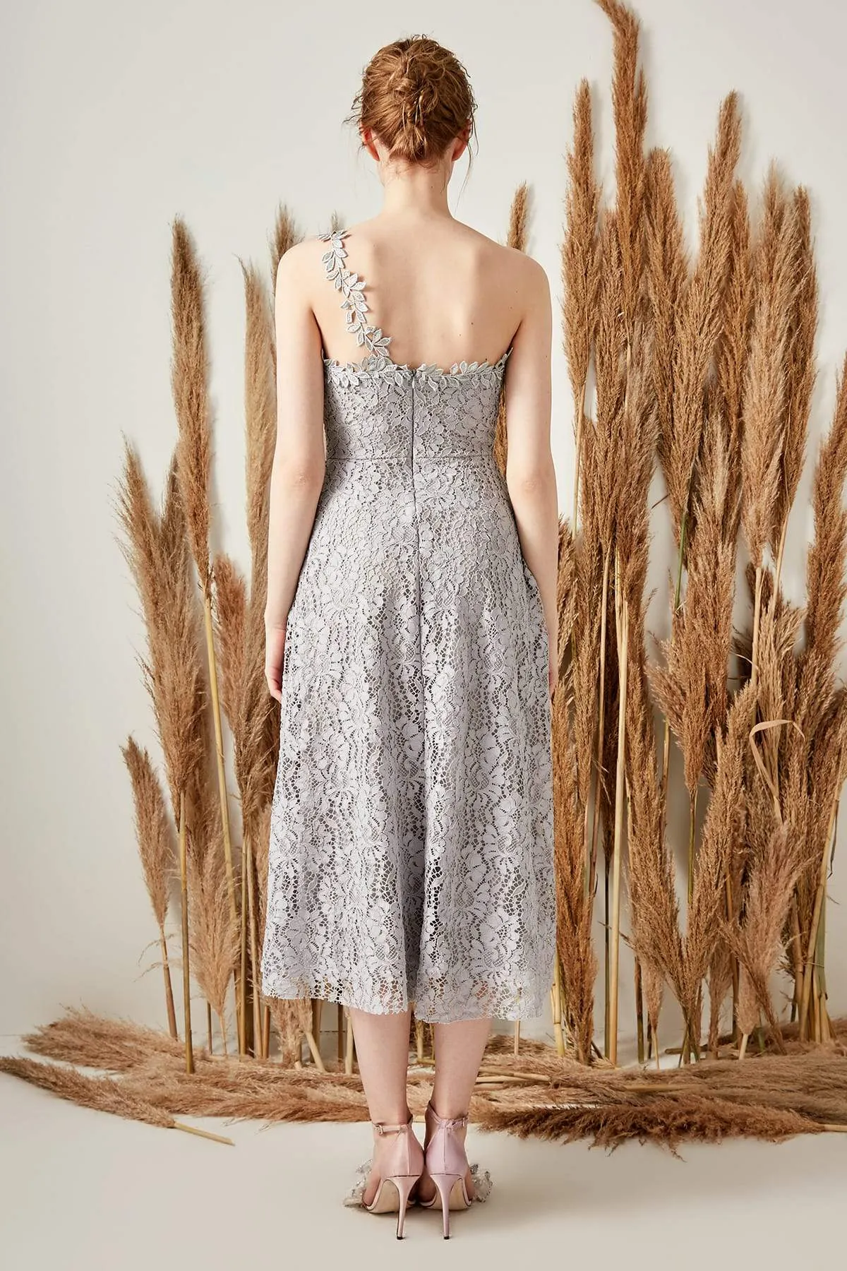 10930 Grey One Strap Midi Lace Dress