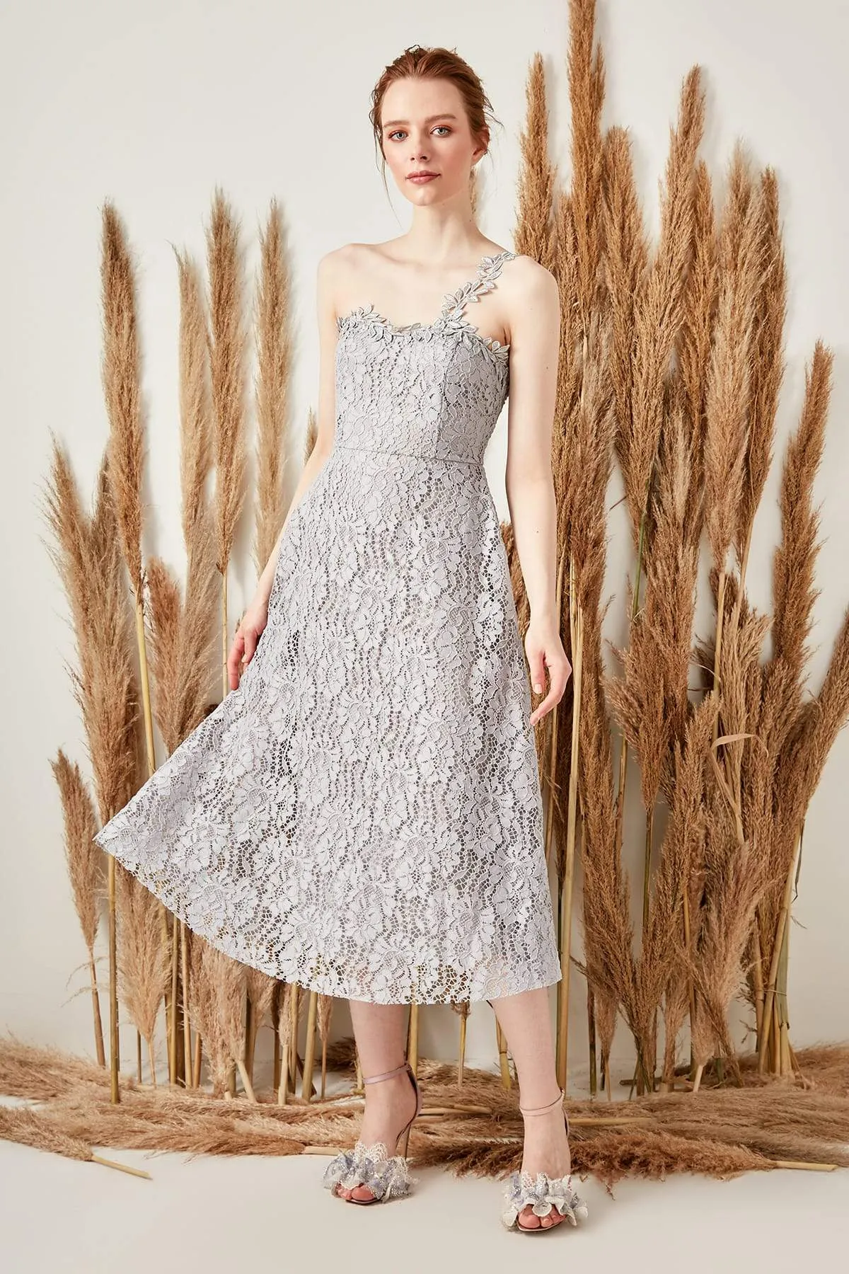 10930 Grey One Strap Midi Lace Dress