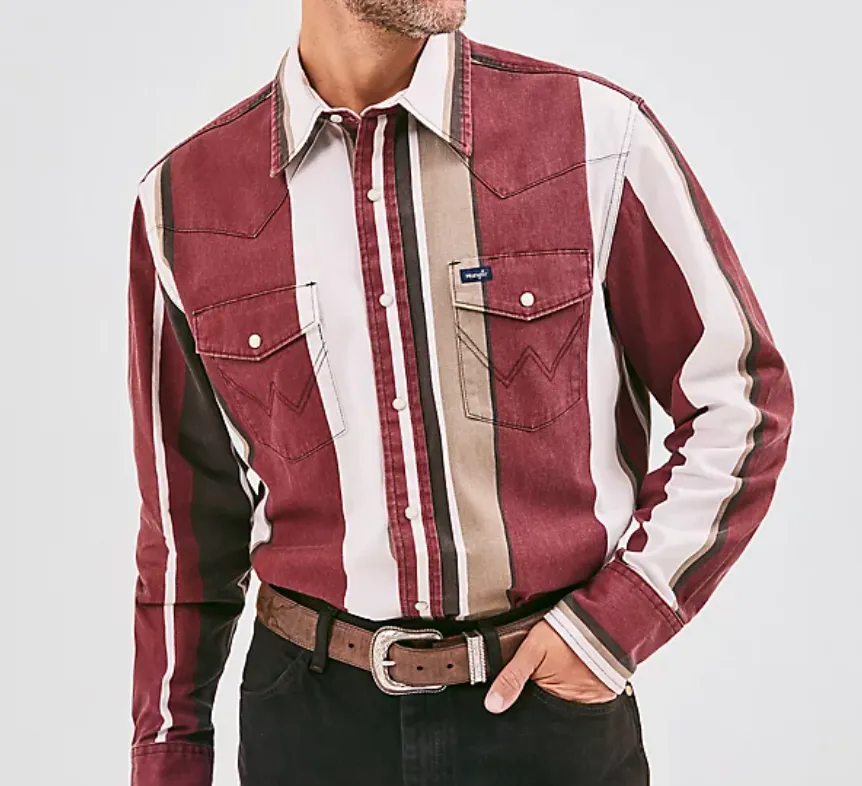 112358326- Wrangler Vintage Brush poppers- Burgundy stripe