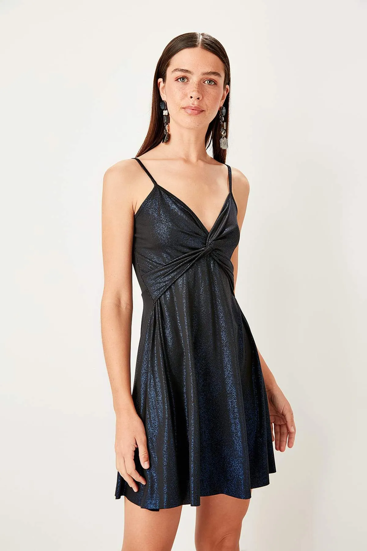 11648 Navy Blue Draped Glitter Dress