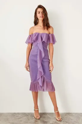 11656 Lilac Off-Shoulder Shimmer Dress