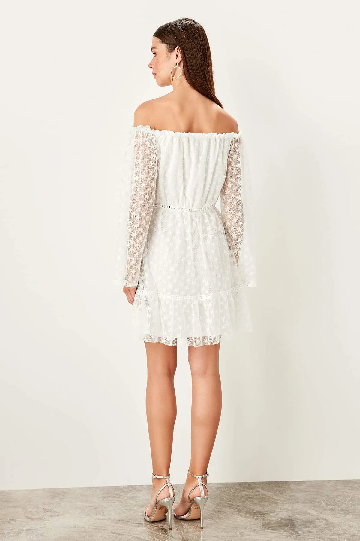 11674 Ecru Off-Shoulder Fishnet Dress