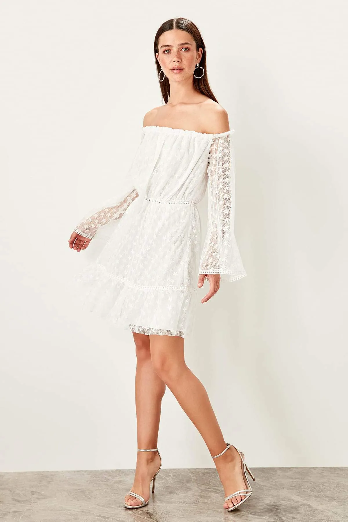 11674 Ecru Off-Shoulder Fishnet Dress