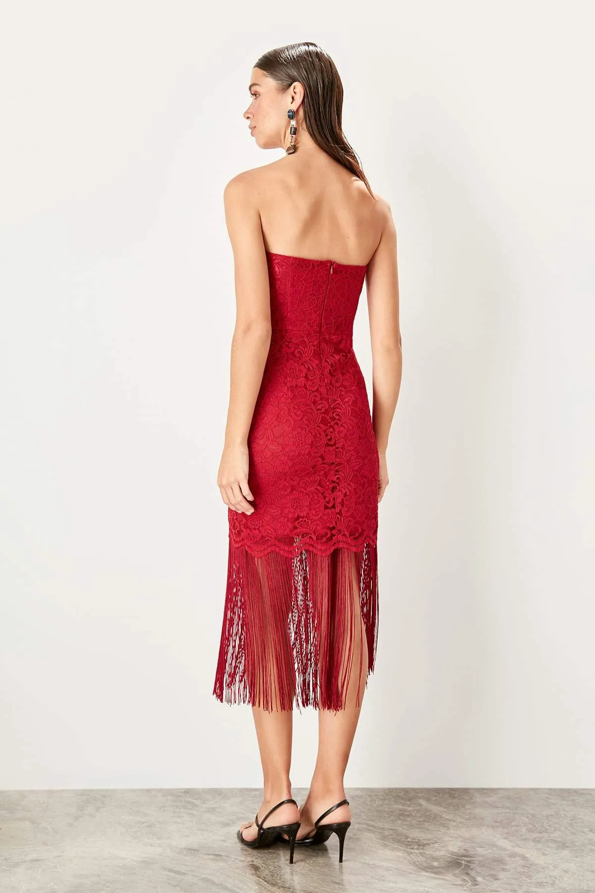 11677 Burgundy Strapless Tassel Lace Dress