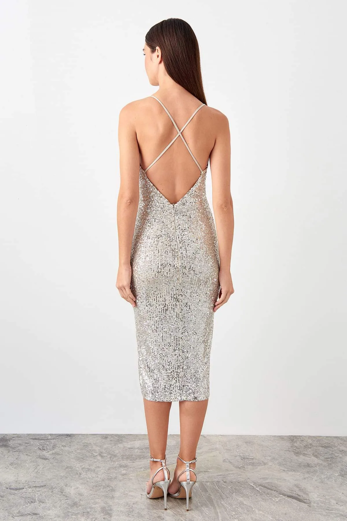 11695 Silver Back Strap Sequin Dress