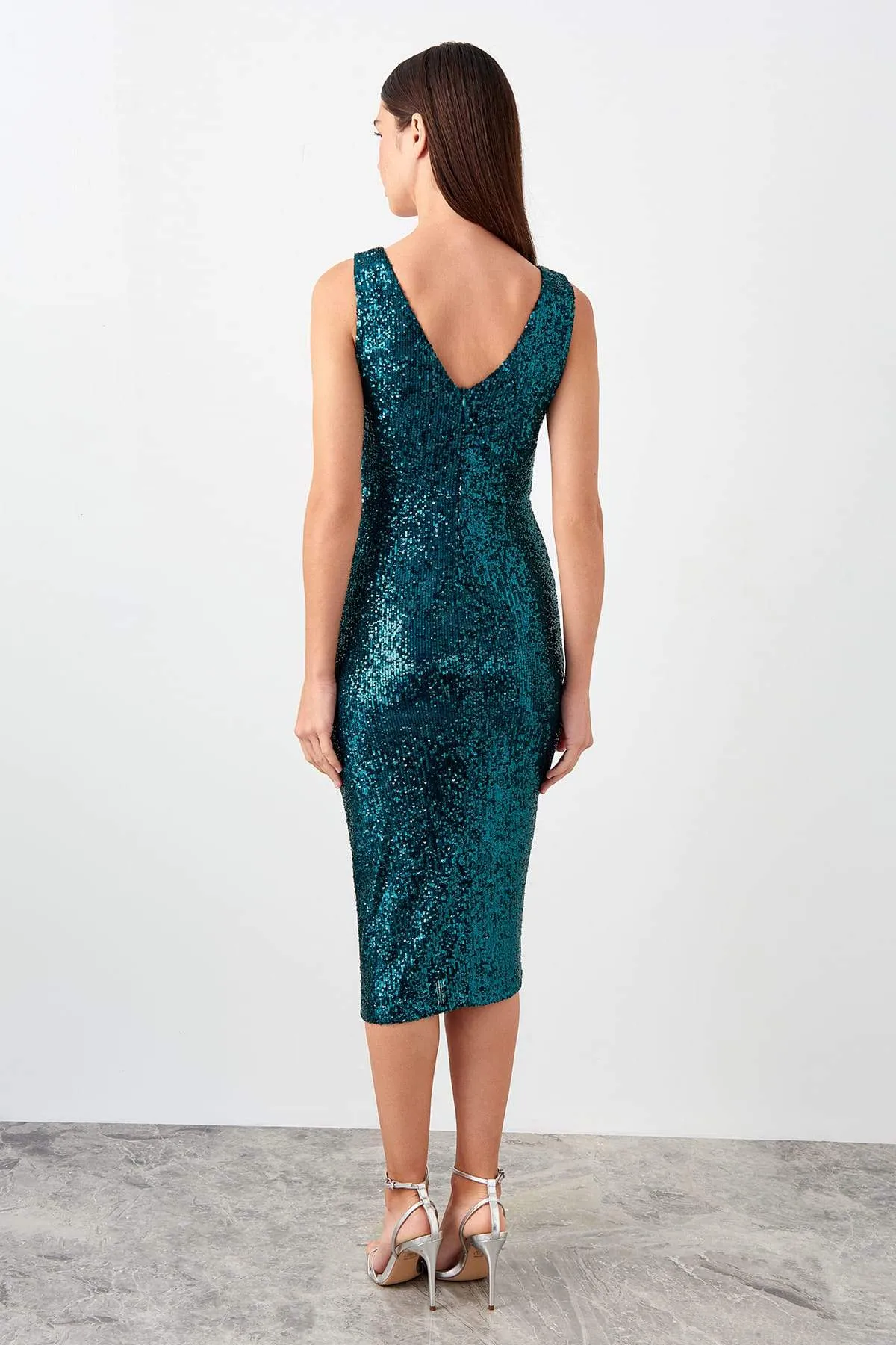 11698 Emerald Green Draped Sequins Dress