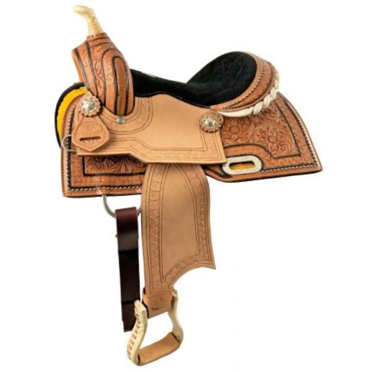 12" DOUBLE T  YOUTH BARREL STYLE SADDLE WITH HAND FLORAL TOOLING