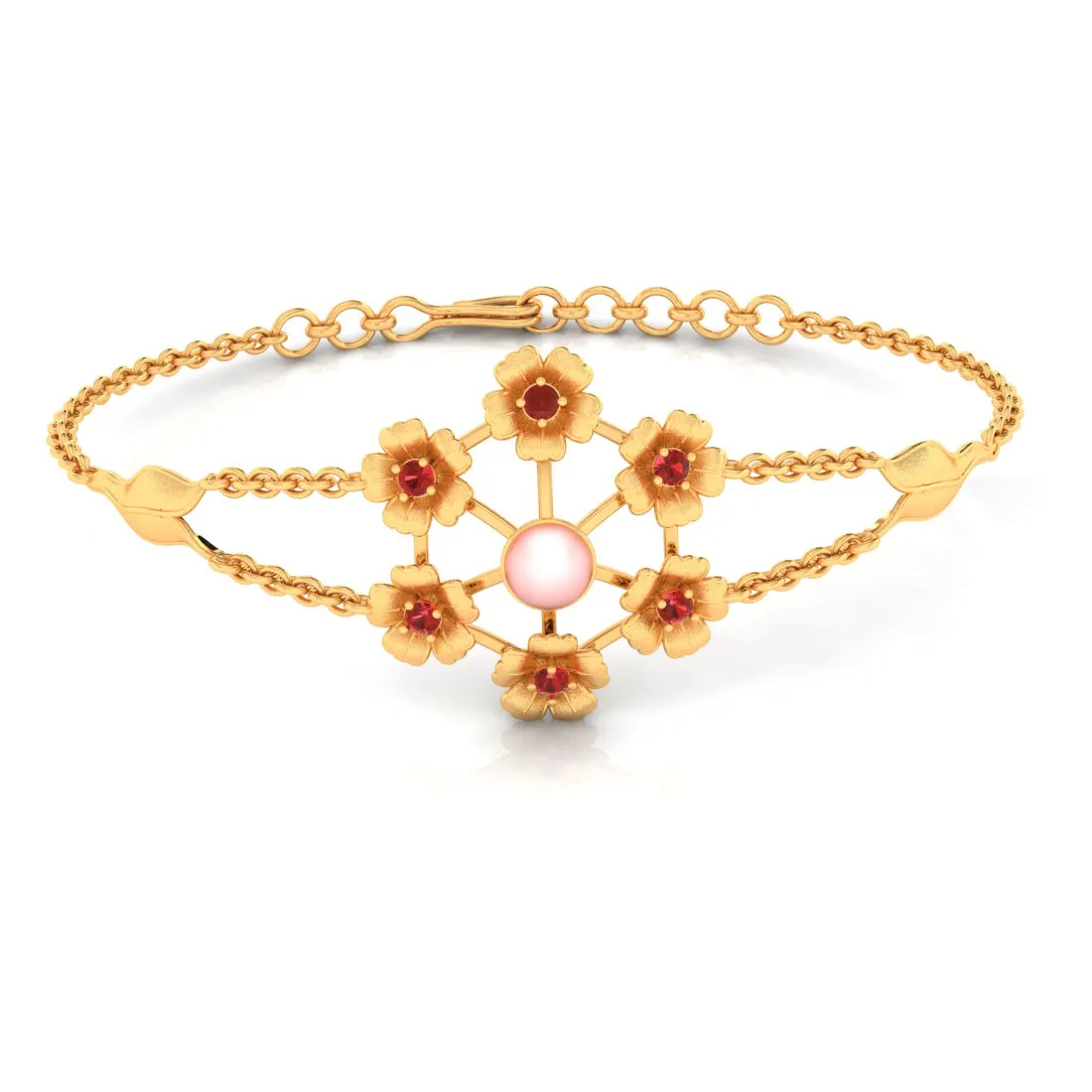 14k Gold Bracelet Including Multiple Flowers With Pink Pearl