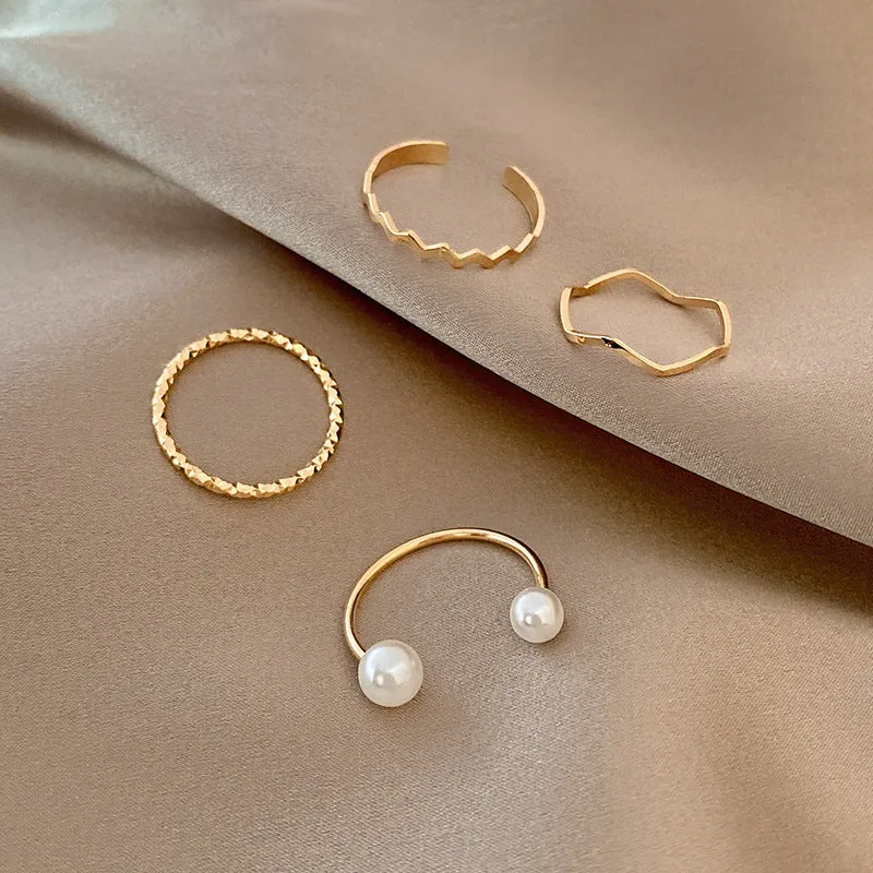 14K Gold Pearl Adjustable Dainty Ring Set