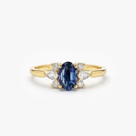 14k Oval Cut Genuine Sapphire Diamond Ring