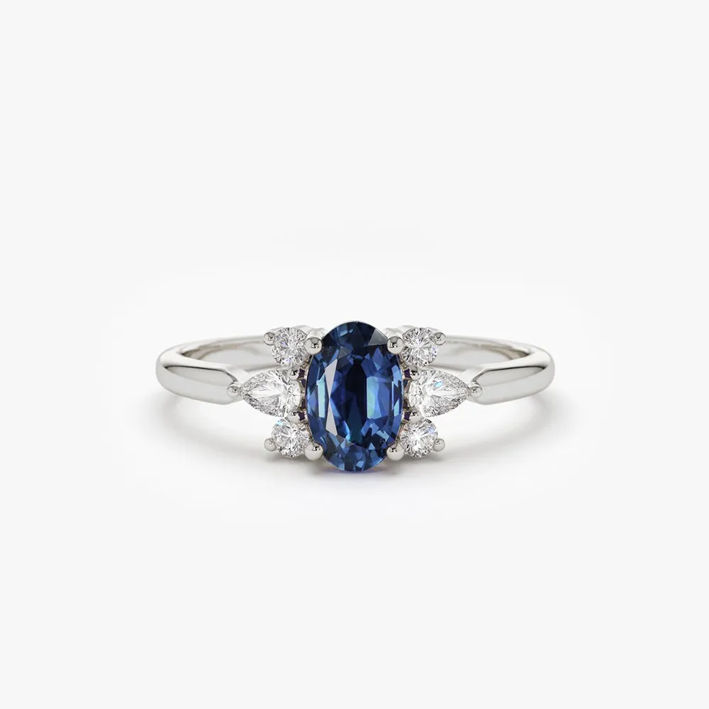 14k Oval Cut Genuine Sapphire Diamond Ring