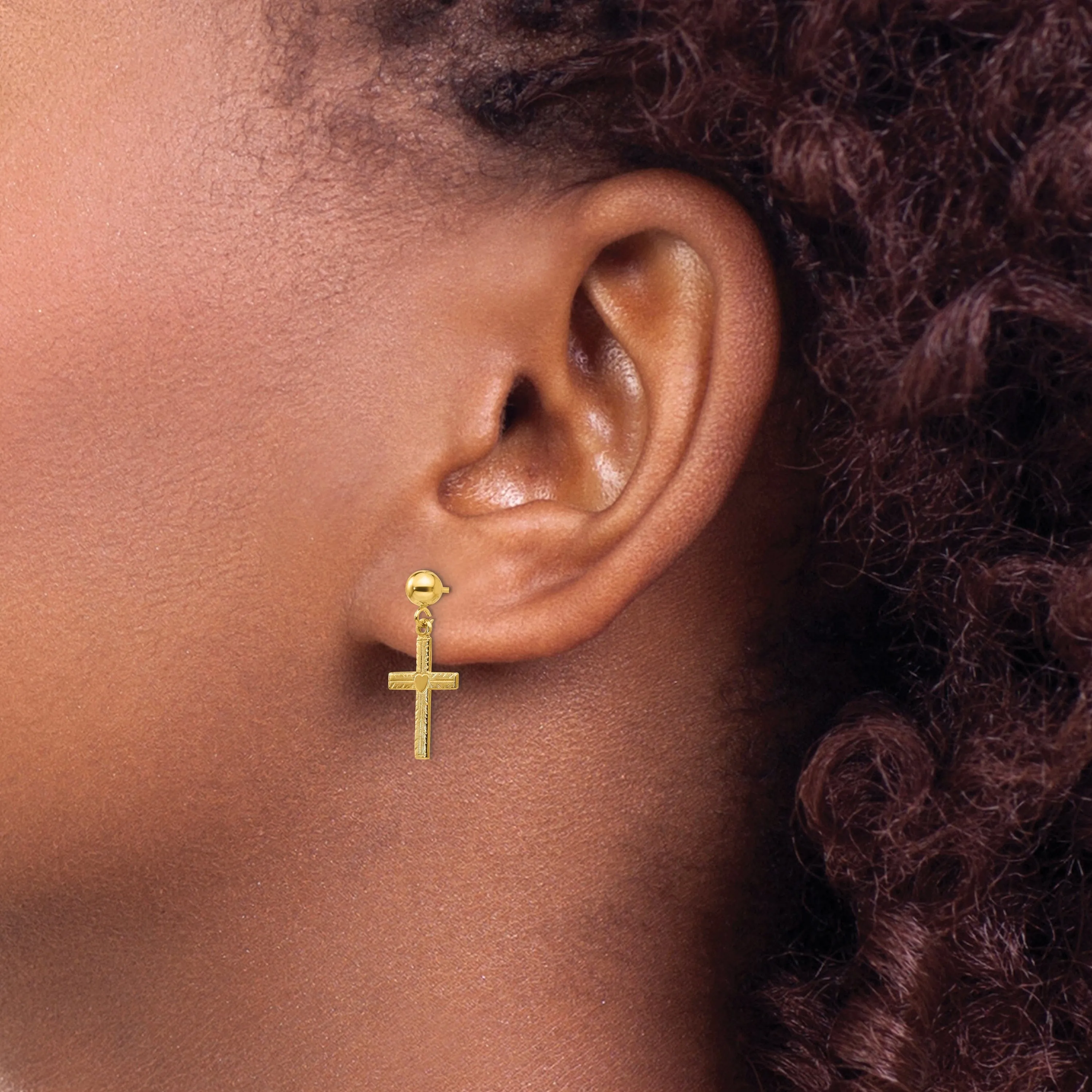 14k Yellow Gold Polished Satin Cross Earrings