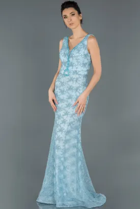 16746 Blue Belt Lace Shimmer Mermaid Dress