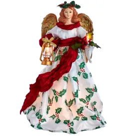 16" Lit Angel Holding Lantern In Holly Dress Tree Topper