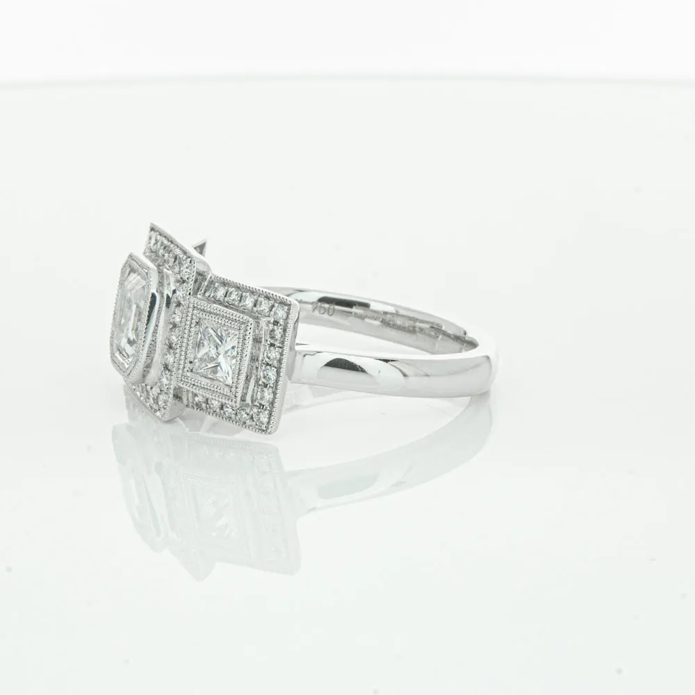 18ct White Gold 1.01ct Emerald Cut Diamond Halo Ring