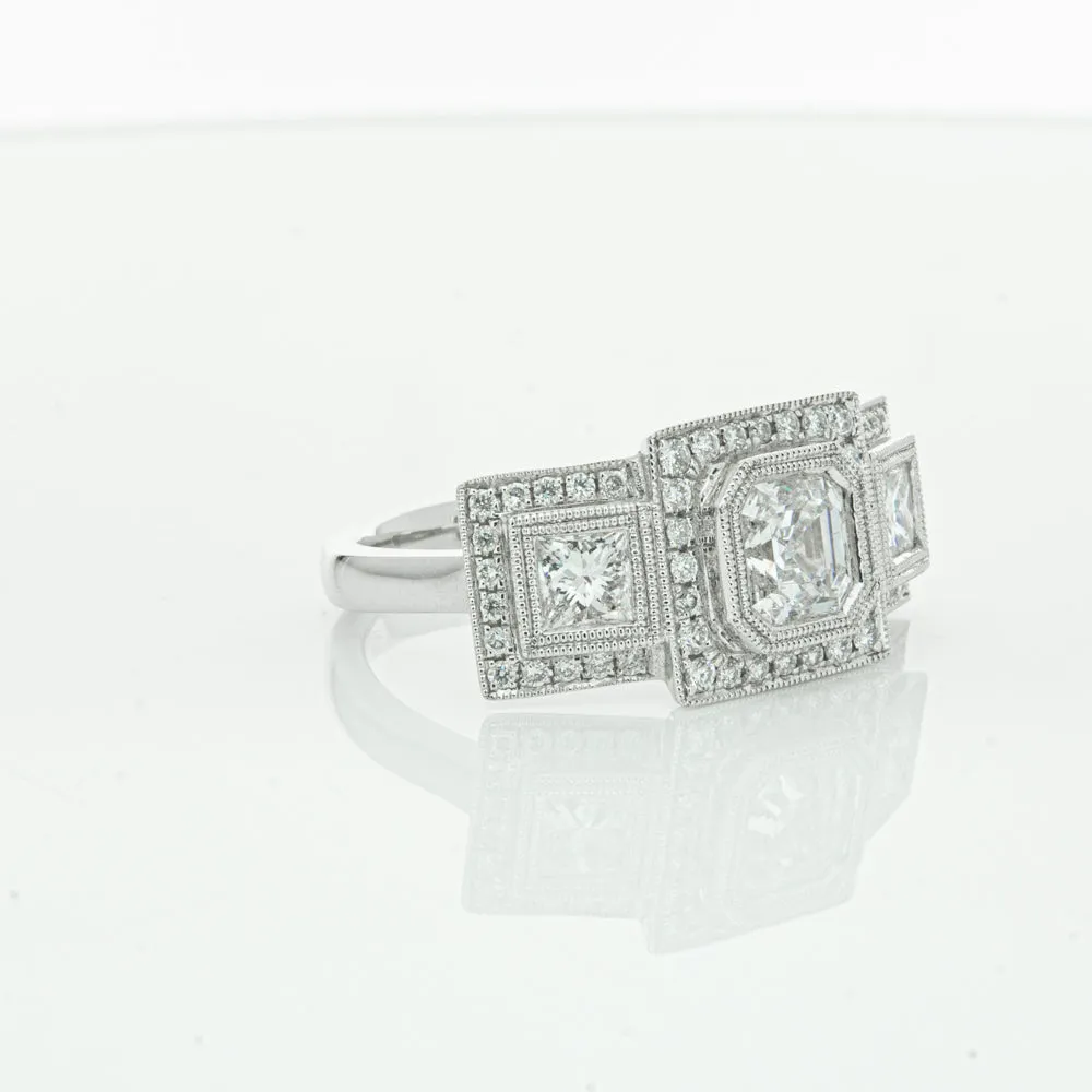 18ct White Gold 1.01ct Emerald Cut Diamond Halo Ring