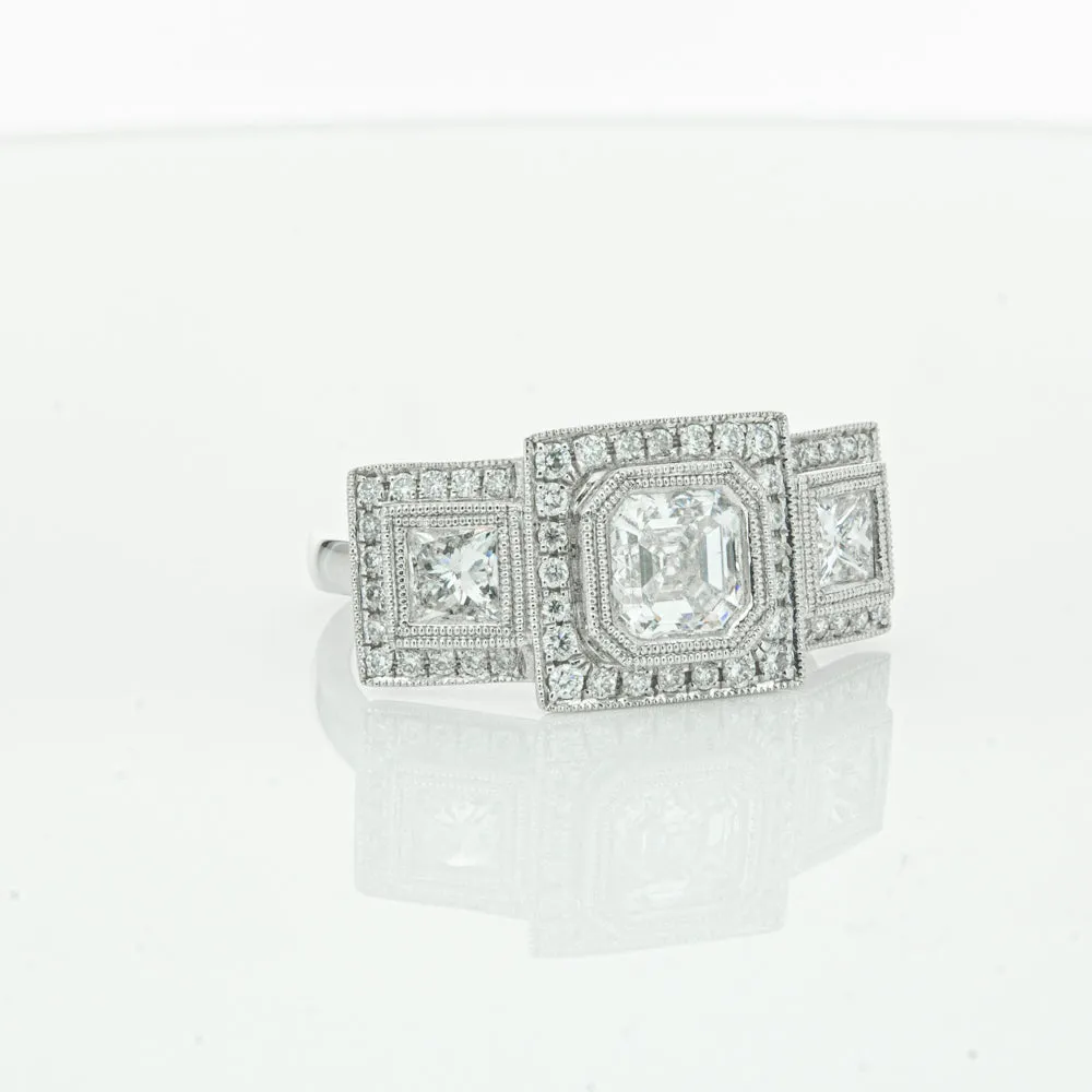 18ct White Gold 1.01ct Emerald Cut Diamond Halo Ring