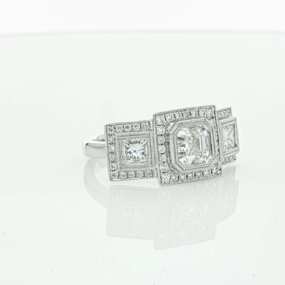 18ct White Gold 1.01ct Emerald Cut Diamond Halo Ring