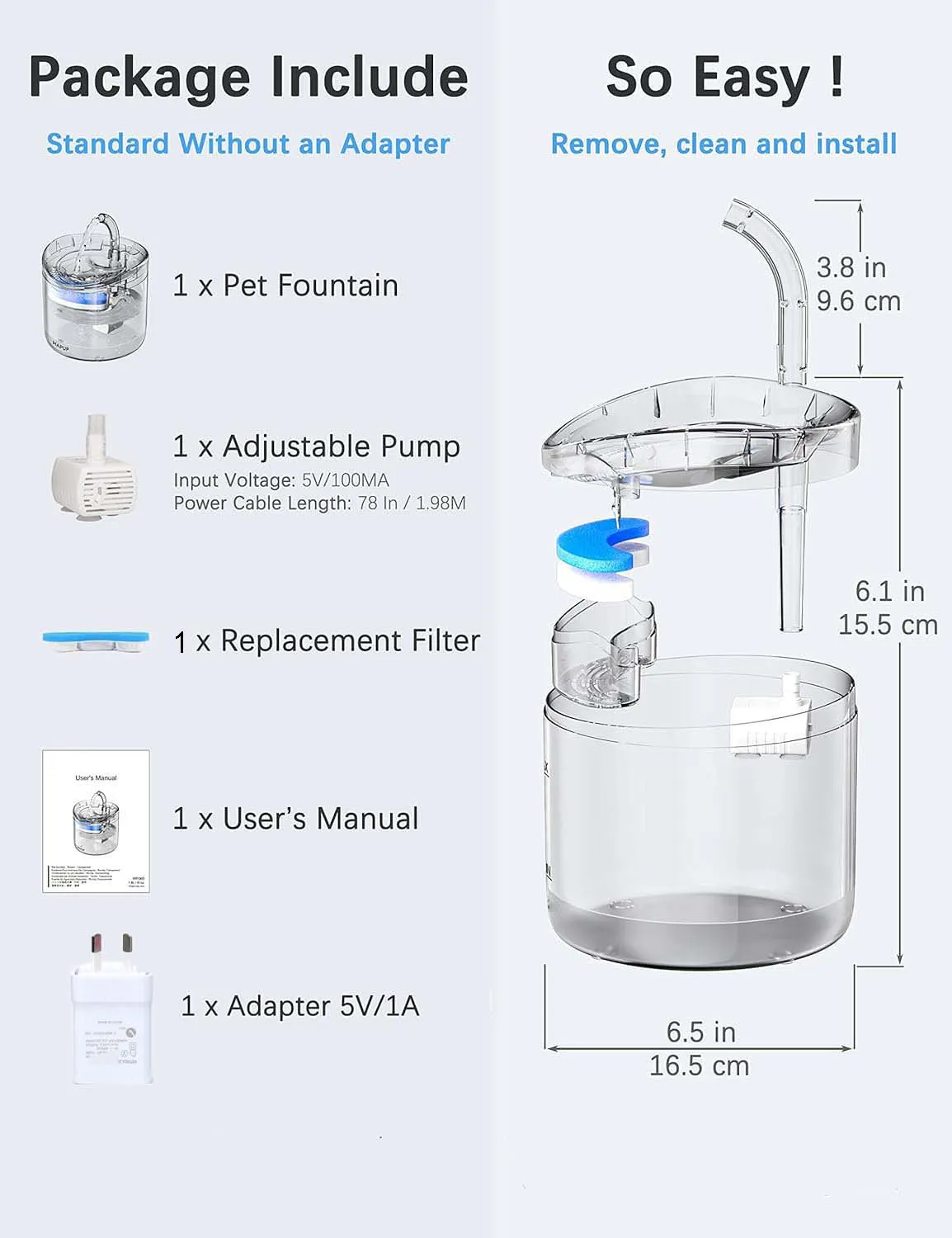 1.8L Automatic Cat Dog Water Fountain, Quadruple Filtration