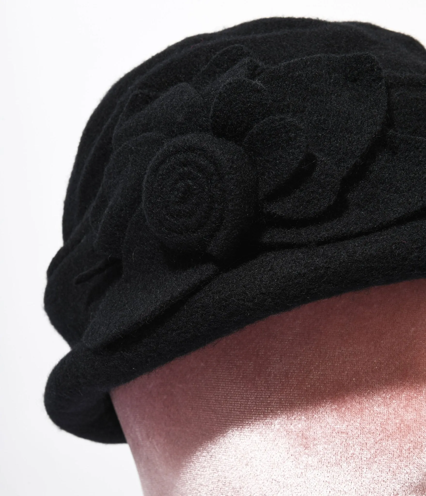 1920s Black Wool Flower Petal Cloche