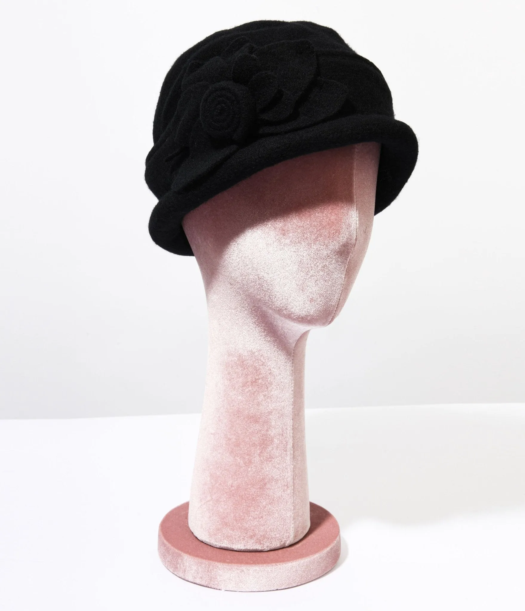 1920s Black Wool Flower Petal Cloche