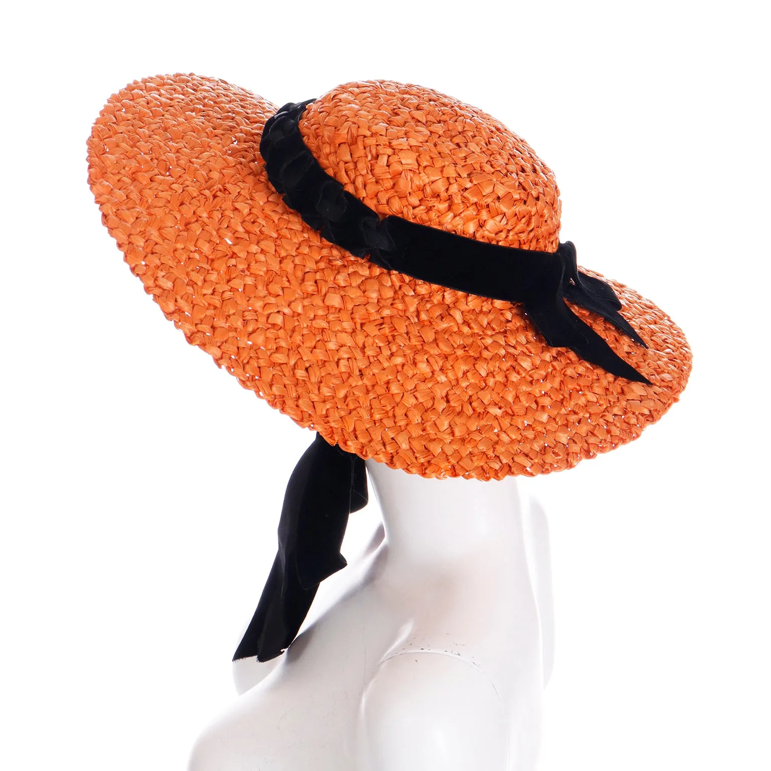 1940s Orange Straw Wide Brim Vintage Hat w Black Ribbon and Tie