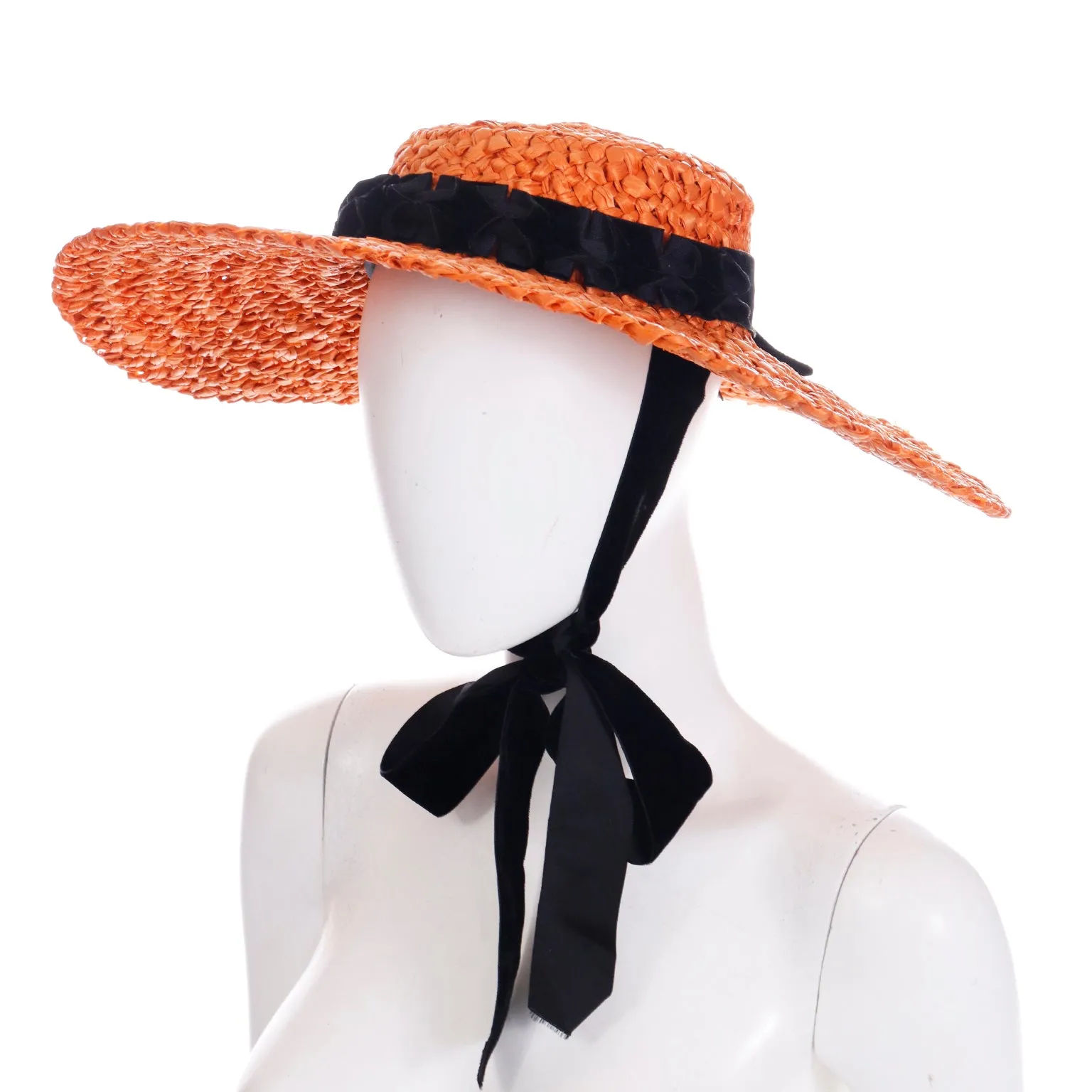 1940s Orange Straw Wide Brim Vintage Hat w Black Ribbon and Tie