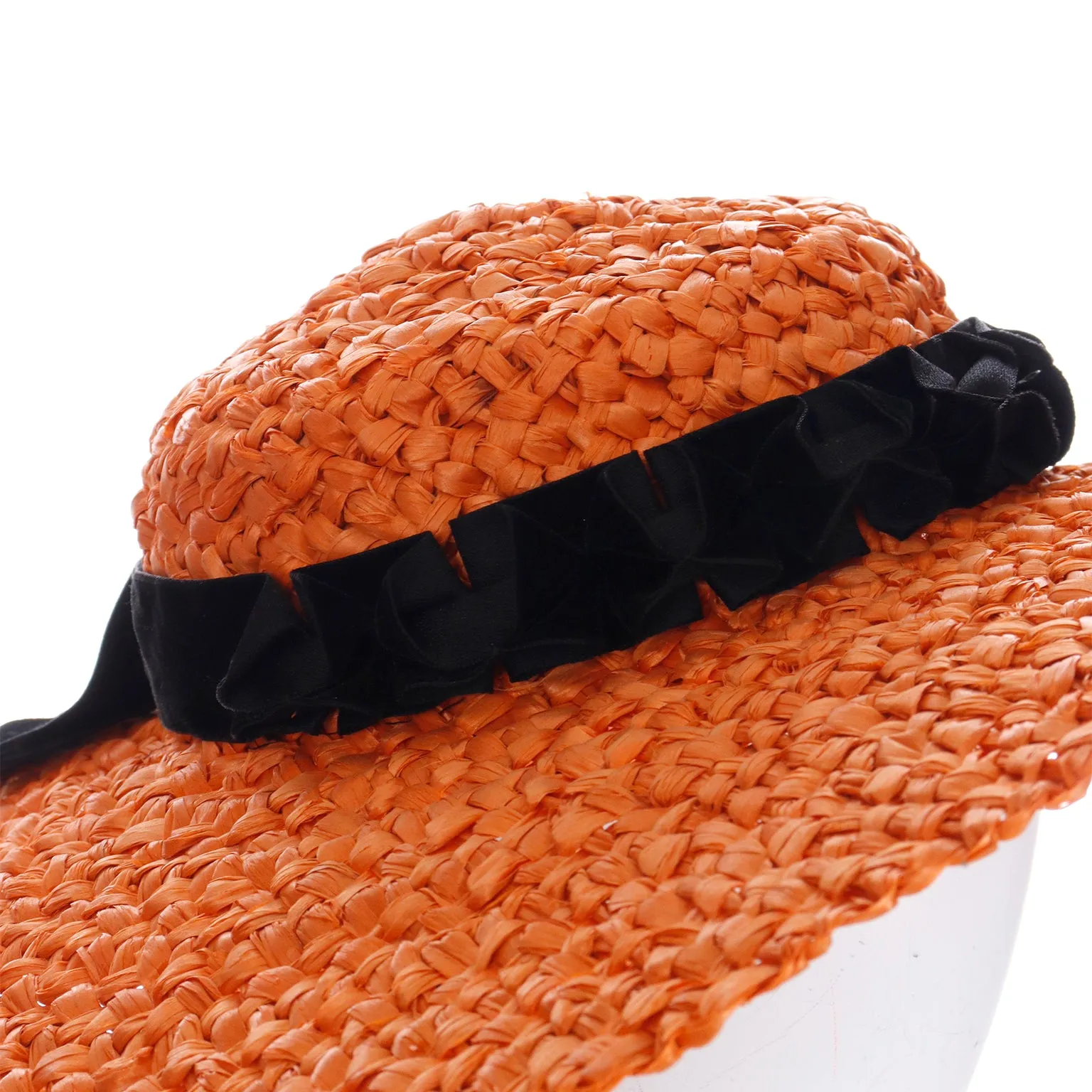 1940s Orange Straw Wide Brim Vintage Hat w Black Ribbon and Tie