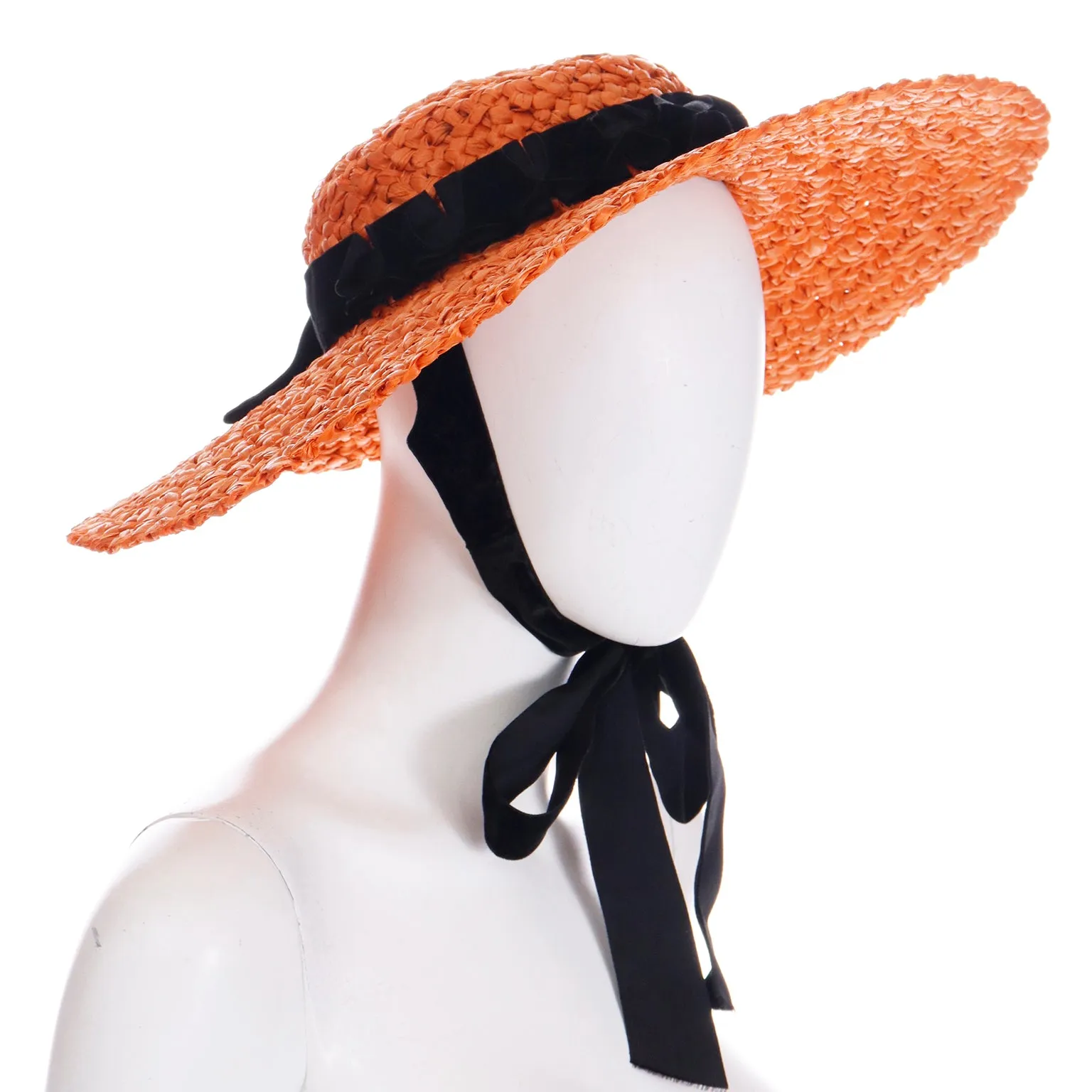 1940s Orange Straw Wide Brim Vintage Hat w Black Ribbon and Tie