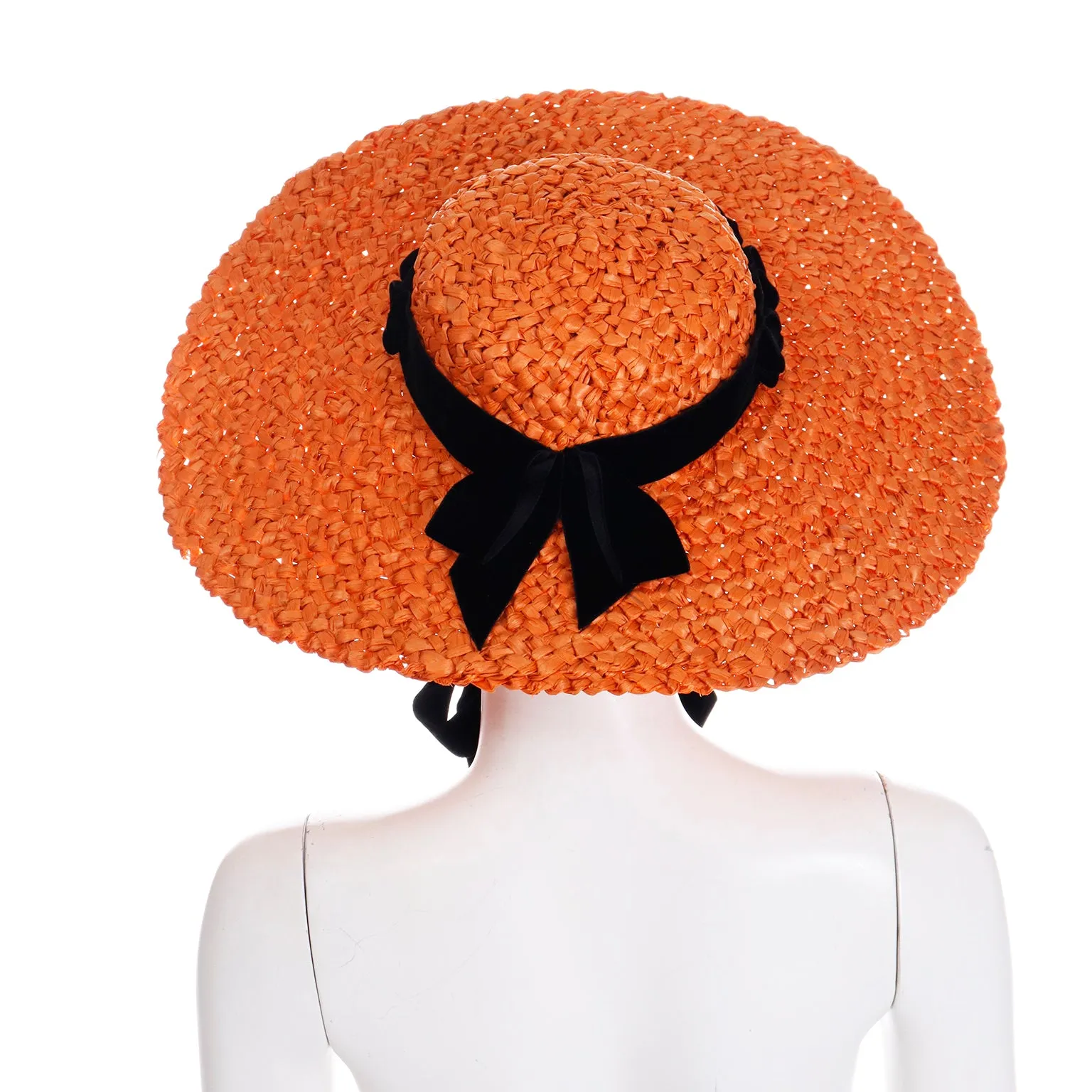 1940s Orange Straw Wide Brim Vintage Hat w Black Ribbon and Tie