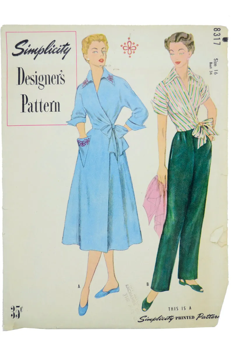 1950 Simplicity 8317 Tie Blouse Pants & Coat Designer Pattern