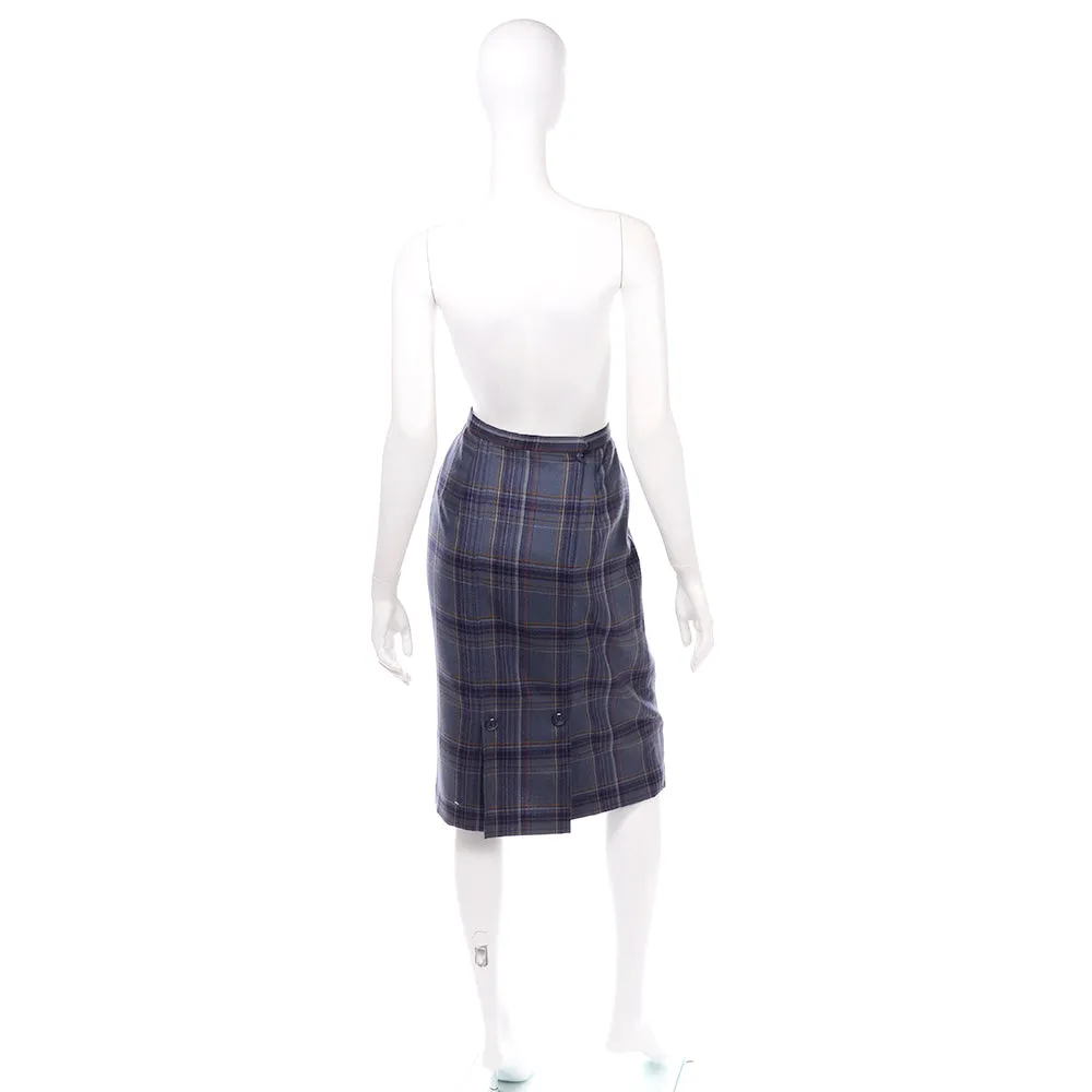 1960s Blue Grey Plaid Vintage Pencil Skirt