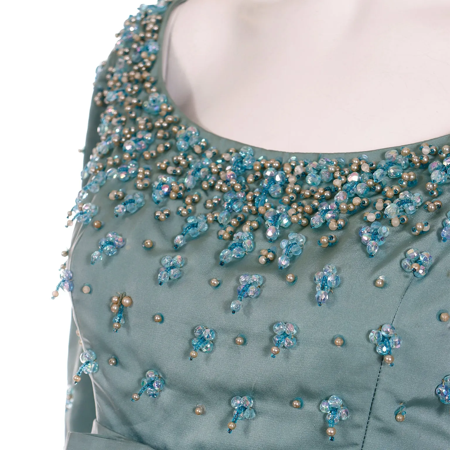 1960s Blue Heavily Beaded Vintage Evening Dress With Satin Bow