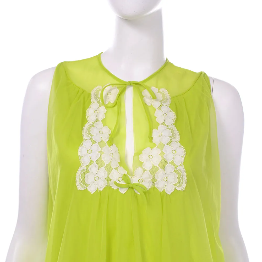 1960's Lime Green Chiffon Babydoll Peignoir Set W Nightgown & Robe