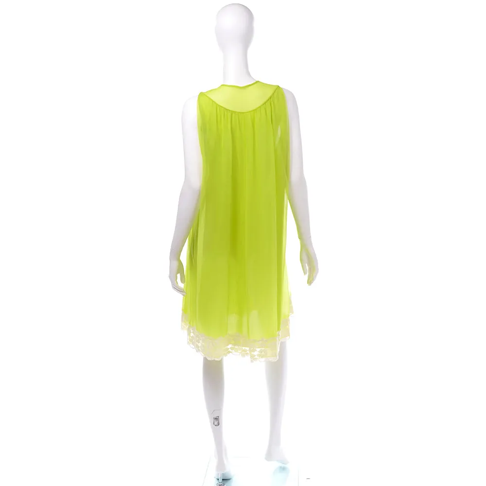 1960's Lime Green Chiffon Babydoll Peignoir Set W Nightgown & Robe