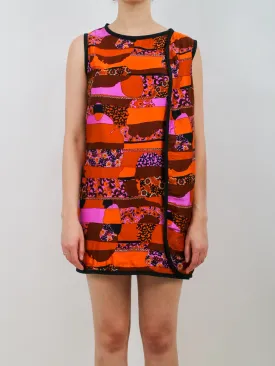 1960s Mod Orange Pink and Black Wrap Mini Dress