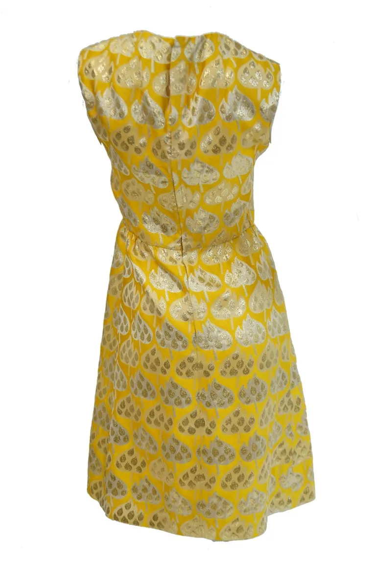 1960s Mollie Parnis Gold and Yellow Leaf Print Cocktail Dress