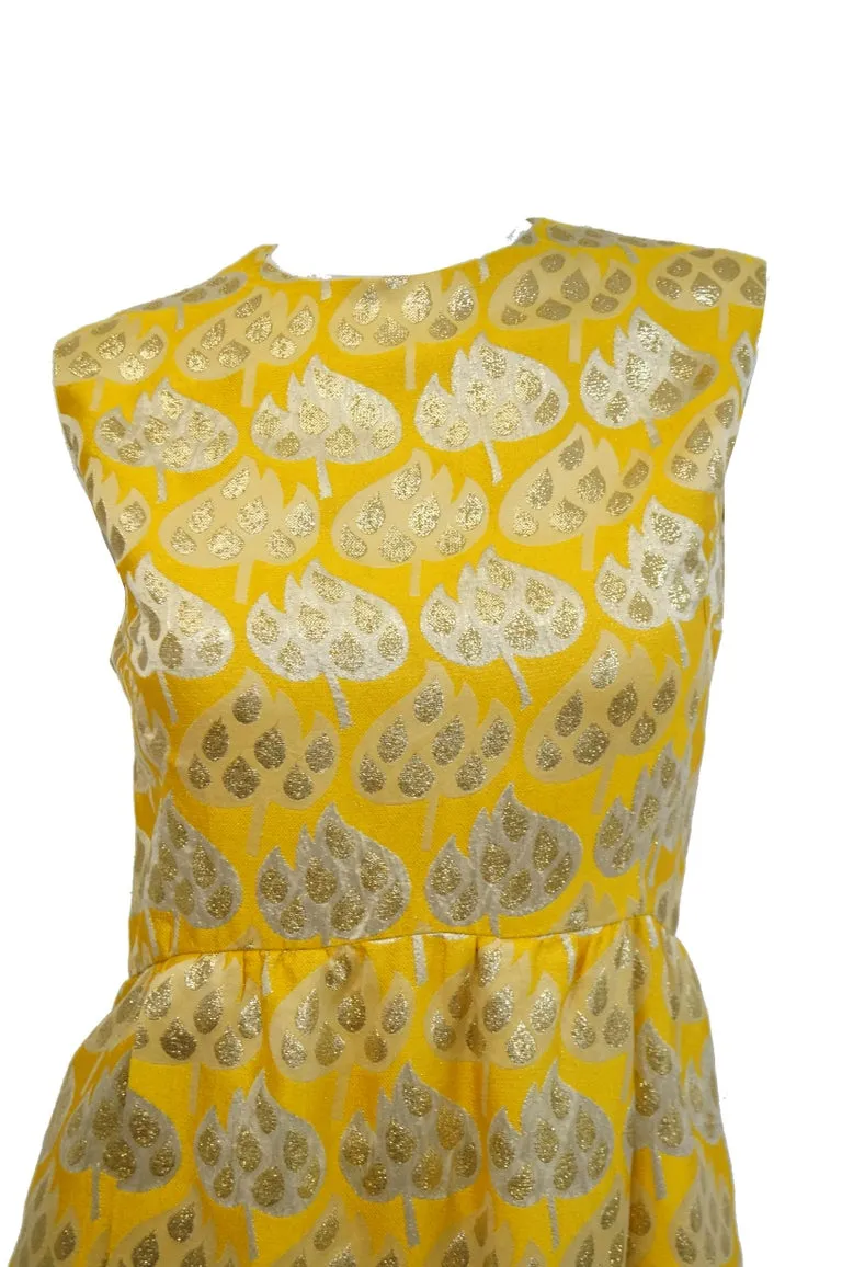 1960s Mollie Parnis Gold and Yellow Leaf Print Cocktail Dress