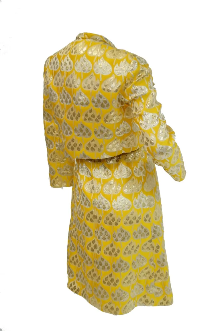 1960s Mollie Parnis Gold and Yellow Leaf Print Cocktail Dress