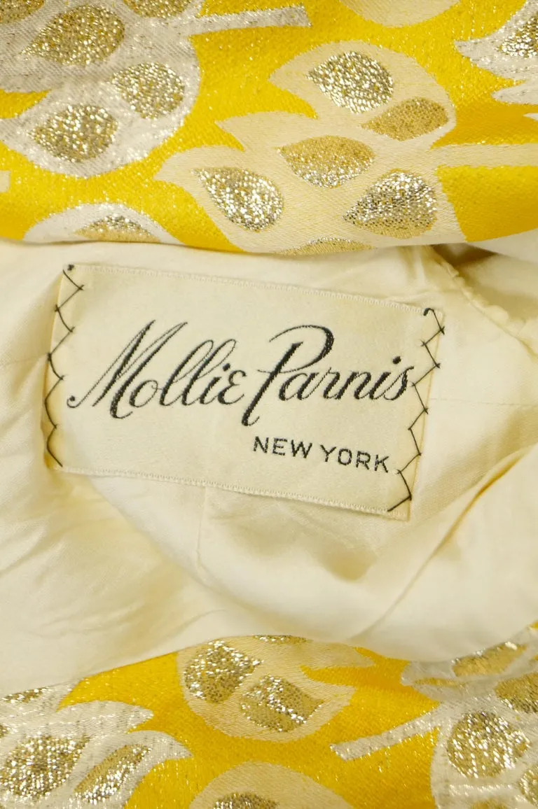 1960s Mollie Parnis Gold and Yellow Leaf Print Cocktail Dress